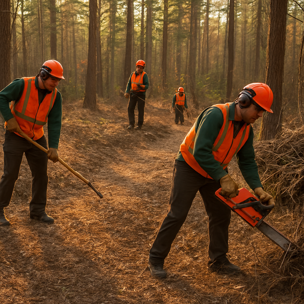 Forestry crew creating a strategic firebreak in a New England conservation forest