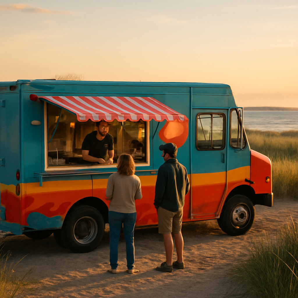 Food truck serving customers at a Cape Cod beach at golden hour