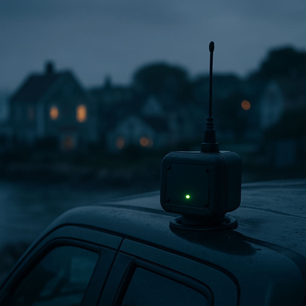 Mesh network field transponder mounted on a vehicle at dusk