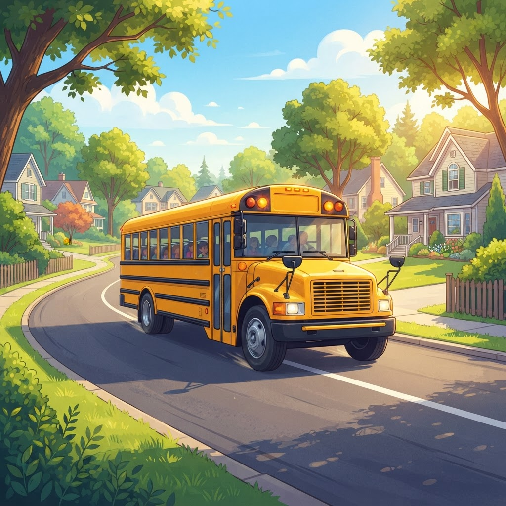 Yellow school bus driving on a suburban road