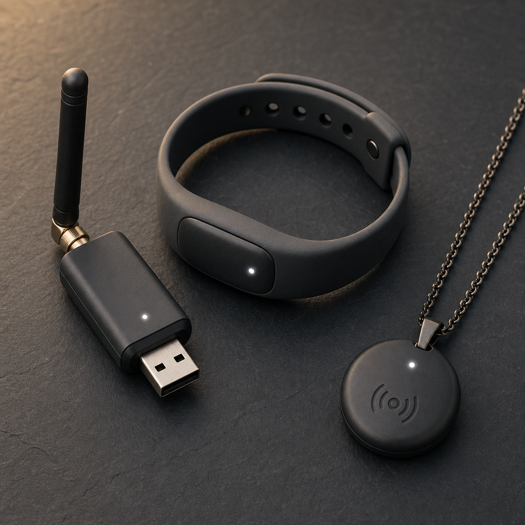 LoRa Safety hardware: dongle, bracelet, and pendant